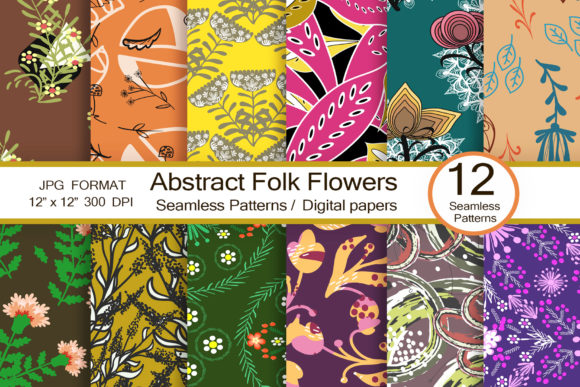 Abstract Folk Flowers, Seamless Patterns