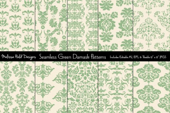 Seamless Green Damask Patterns for Creative Projects