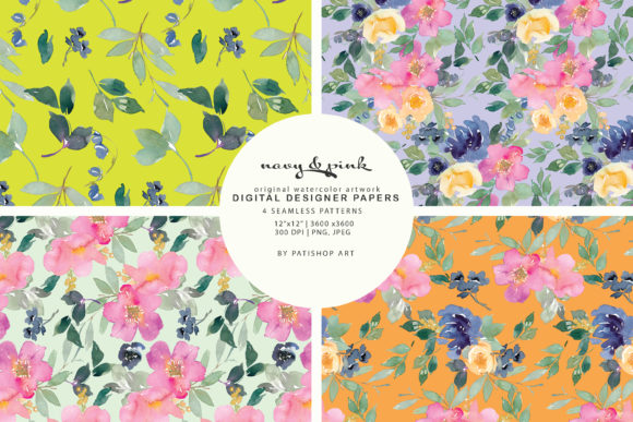 Watercolor Navy and Pink Floral Patterns: A Versatile Design Collection for Creative Projects